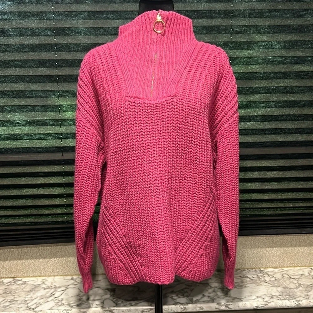 ESTELLE Women’s Panorama Knit V-Neck 1/4 Zipper Fuchsia Pink Sweater 2X(18W) NWT